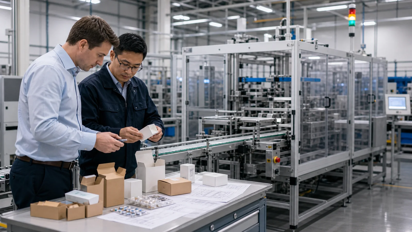 Engineers reviewing carton samples and cartoning machine layout in an industrial packaging area