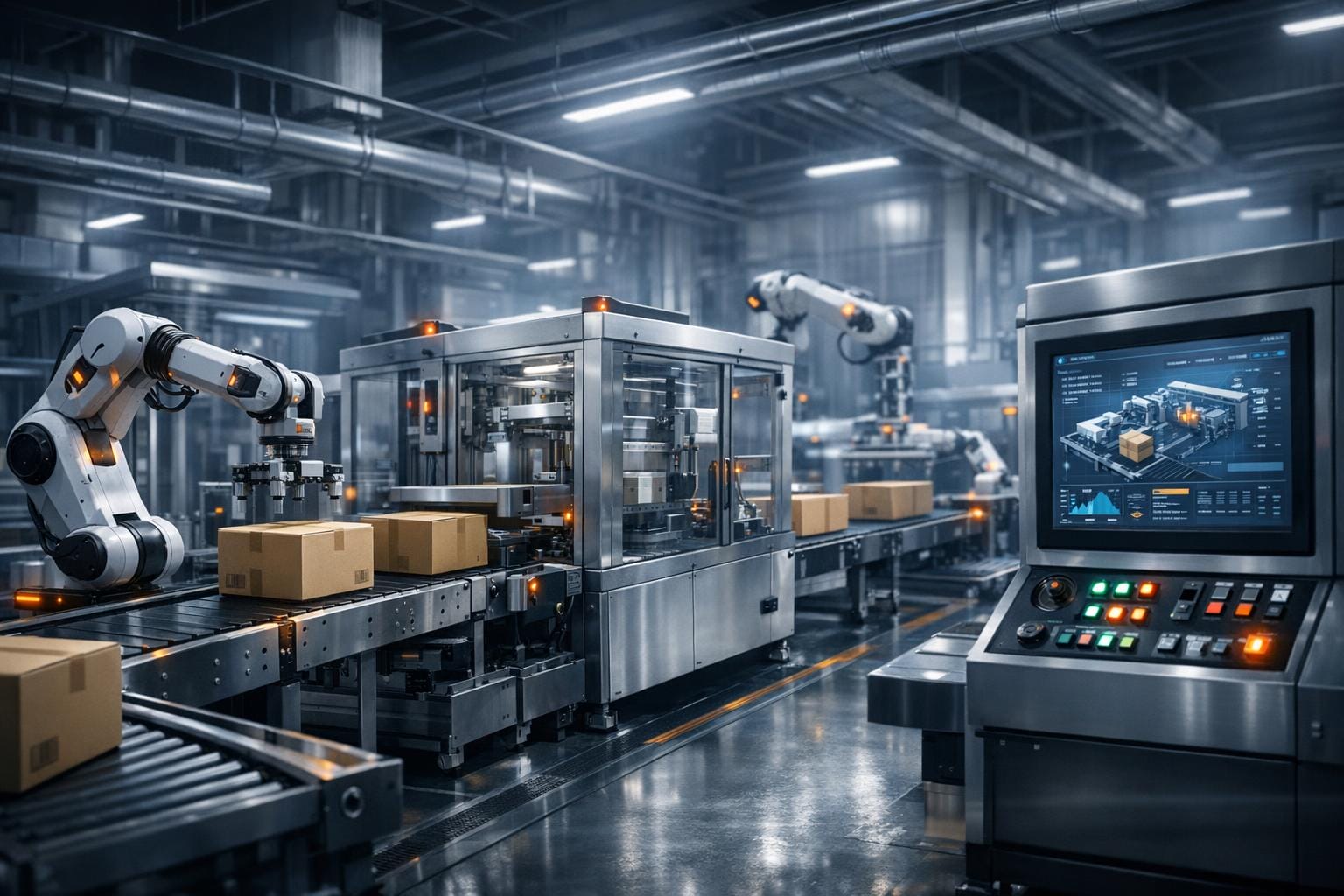 Packaging system Automated packaging system with robotic arms and conveyor belts in a modern factory.