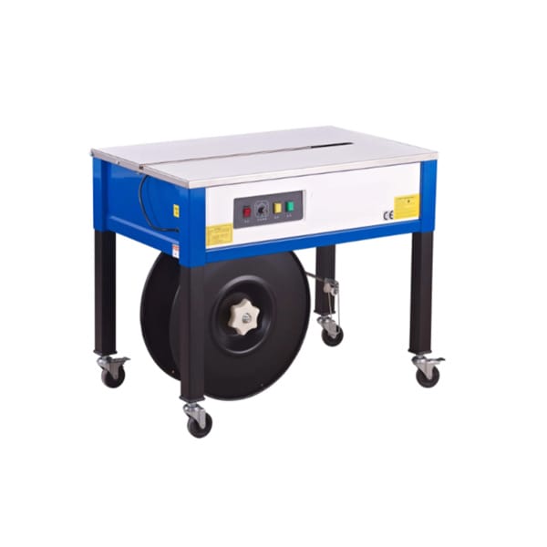Packaging system XT302-Series strapping machine with strap roll, part of a packaging automation system.