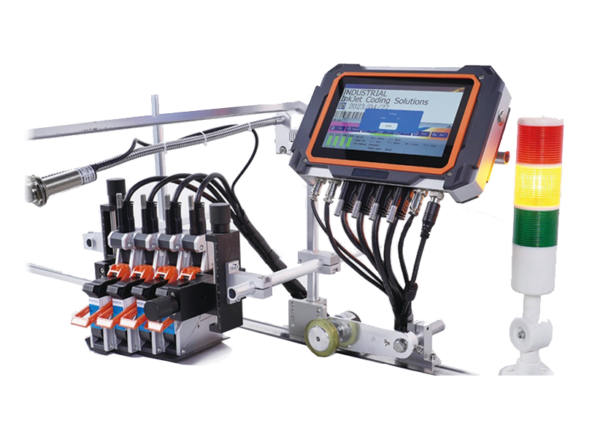 Packaging system Industrial inkjet coding system with touchscreen, printheads, and signal tower