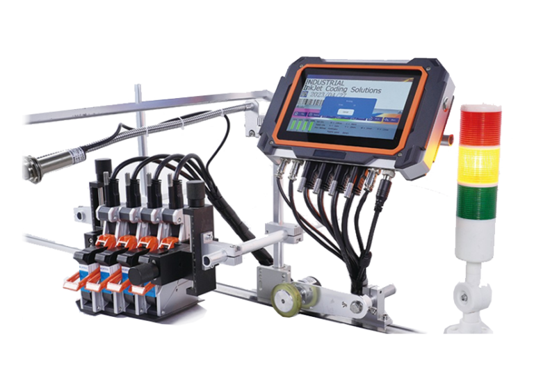 Packaging system Industrial inkjet coding system with touchscreen, printheads, and signal tower