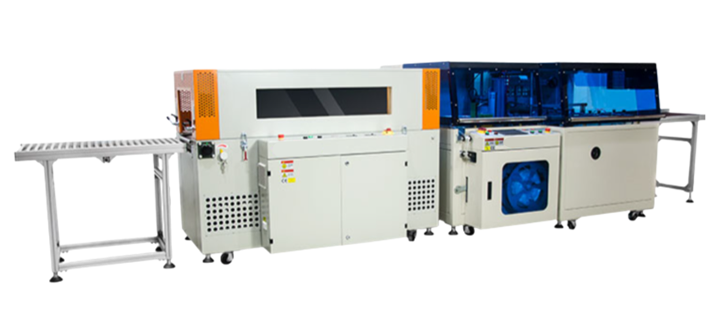 Packaging system NW-GKPL-545H side seal shrink wrap machine, part of a packaging automation system.
