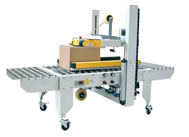 Packaging system Carton sealer machine NW-GKE-50P sealing a box on a conveyor belt system.