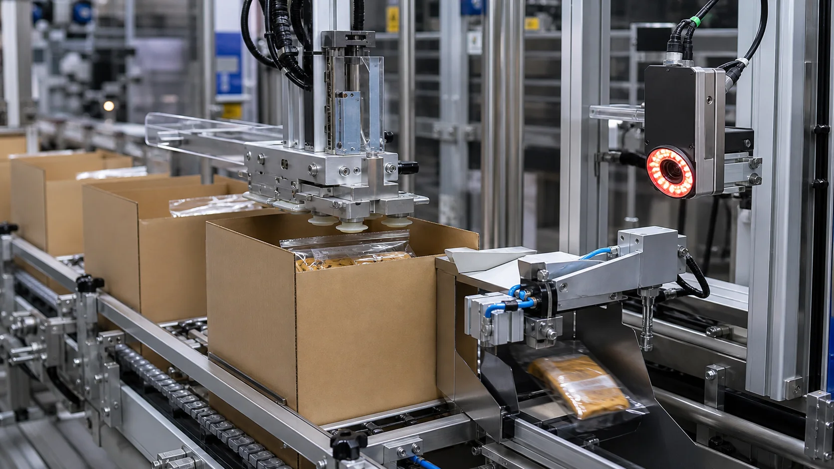 Automated packaging equipment controlling product placement and vision inspection to reduce waste