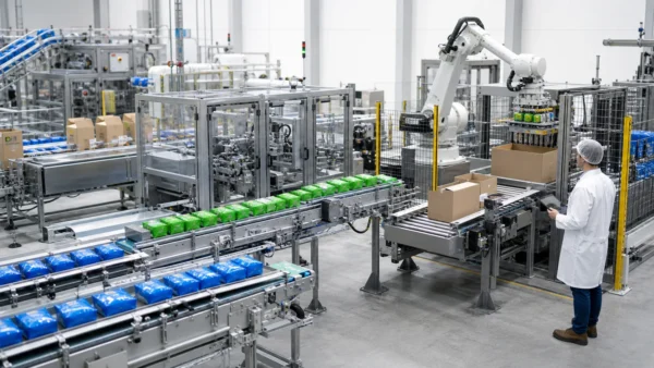 Automated packaging system reducing production costs through coordinated machinery and conveyors