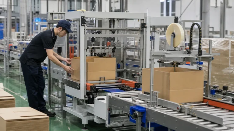 เครื่องบรรจุกล่องทำงานในสายการผลิตบรรจุภัณฑ์อัตโนมัติ
