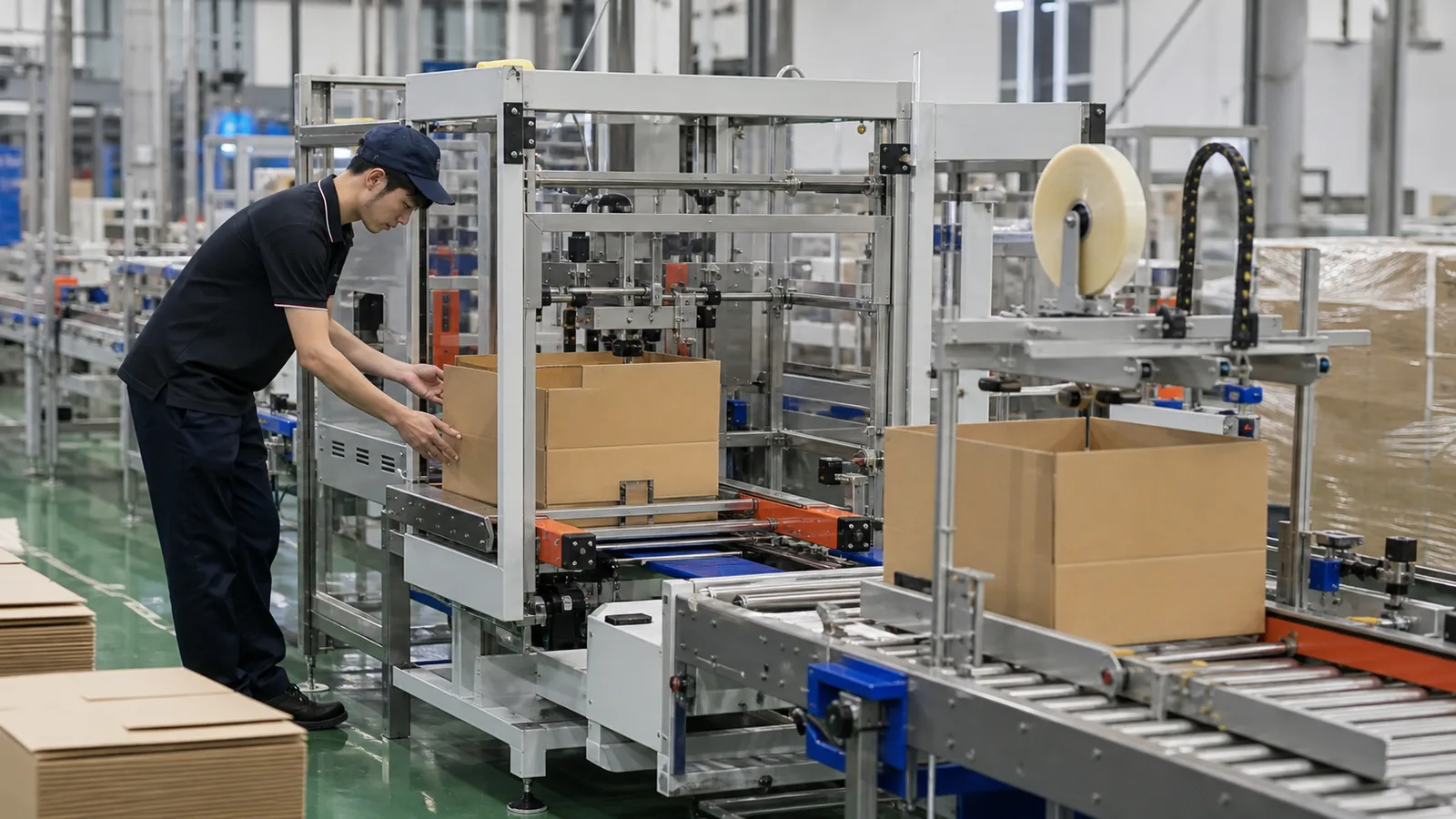 เครื่องบรรจุกล่องทำงานในสายการผลิตบรรจุภัณฑ์อัตโนมัติ