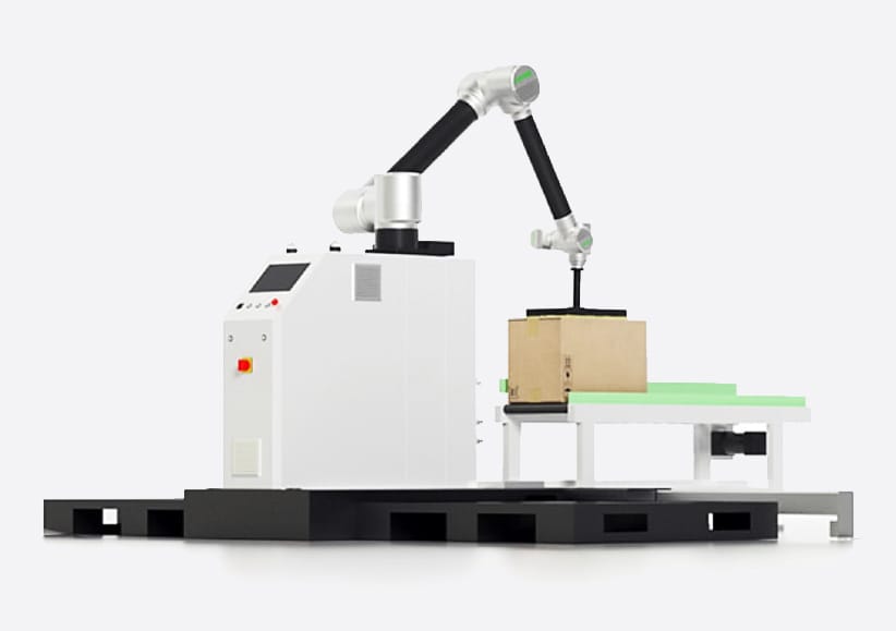 Packaging system Robotic arm placing box on conveyor belt, part of an automation system