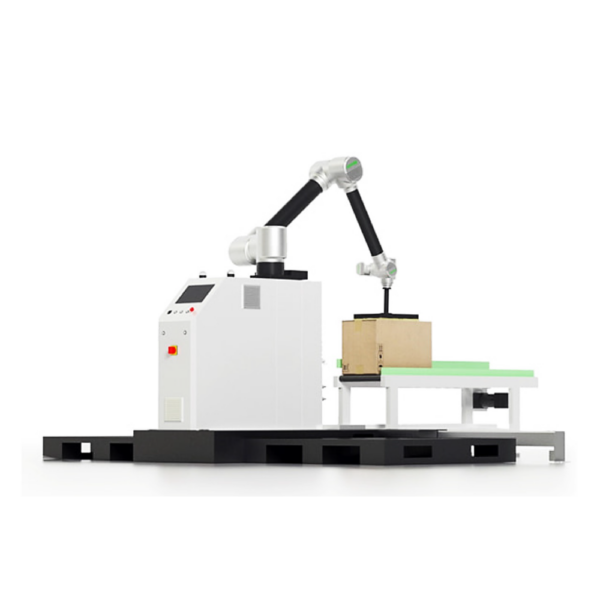 Packaging system Cobot arm palletizing a box on a packaging automation system