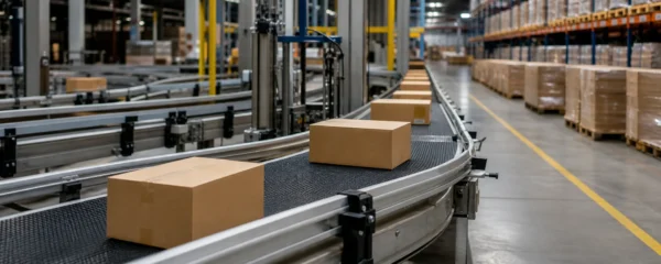 Consumer products packed in shipping cases moving from an automated factory line toward distribution