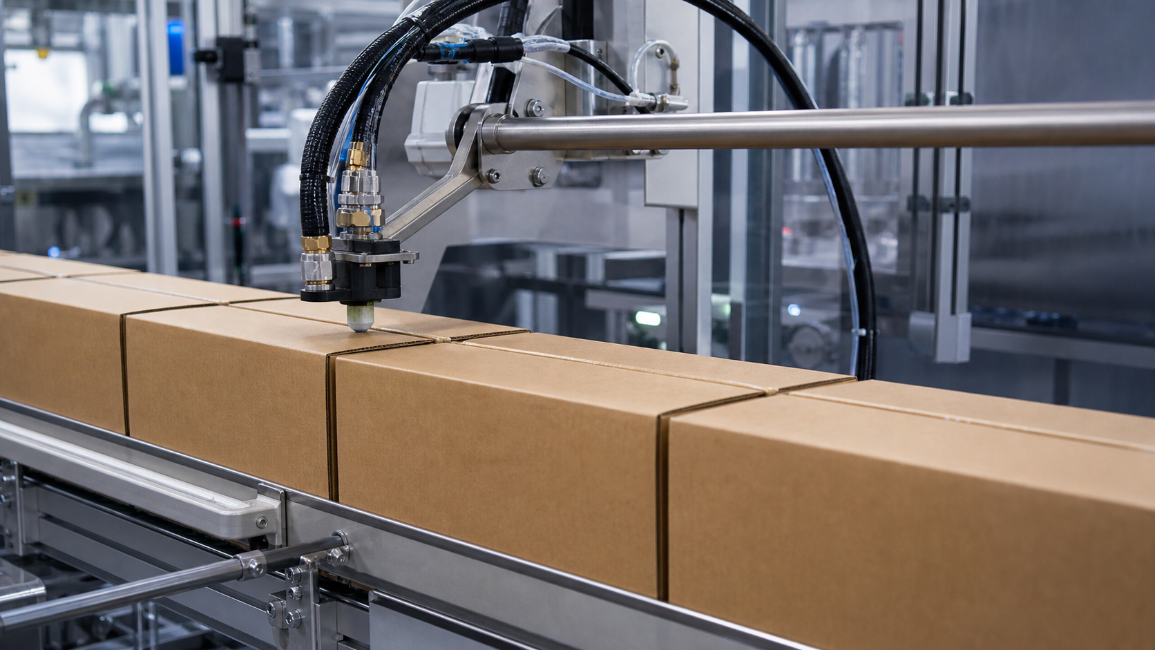 Hot melt adhesive system sealing cartons on a packaging line