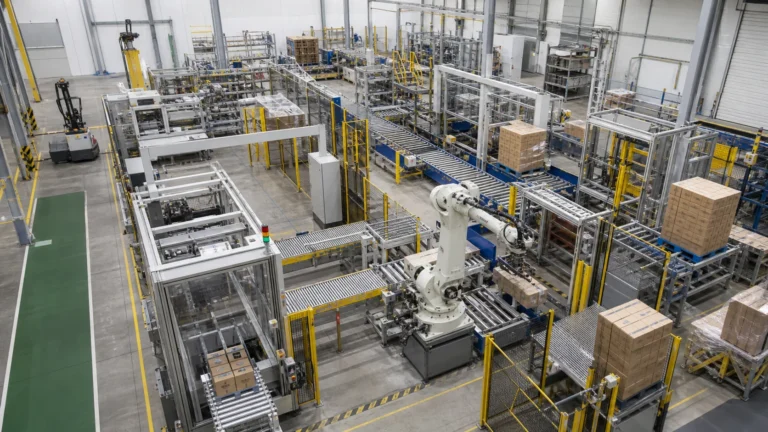 Compact automated packaging layout increasing production capacity without factory expansion