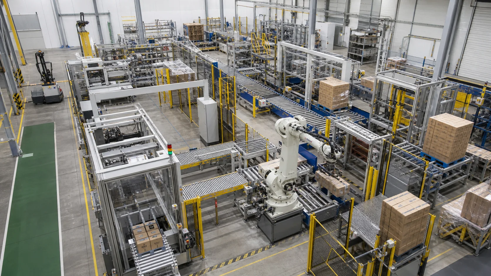 Compact automated packaging layout increasing production capacity without factory expansion