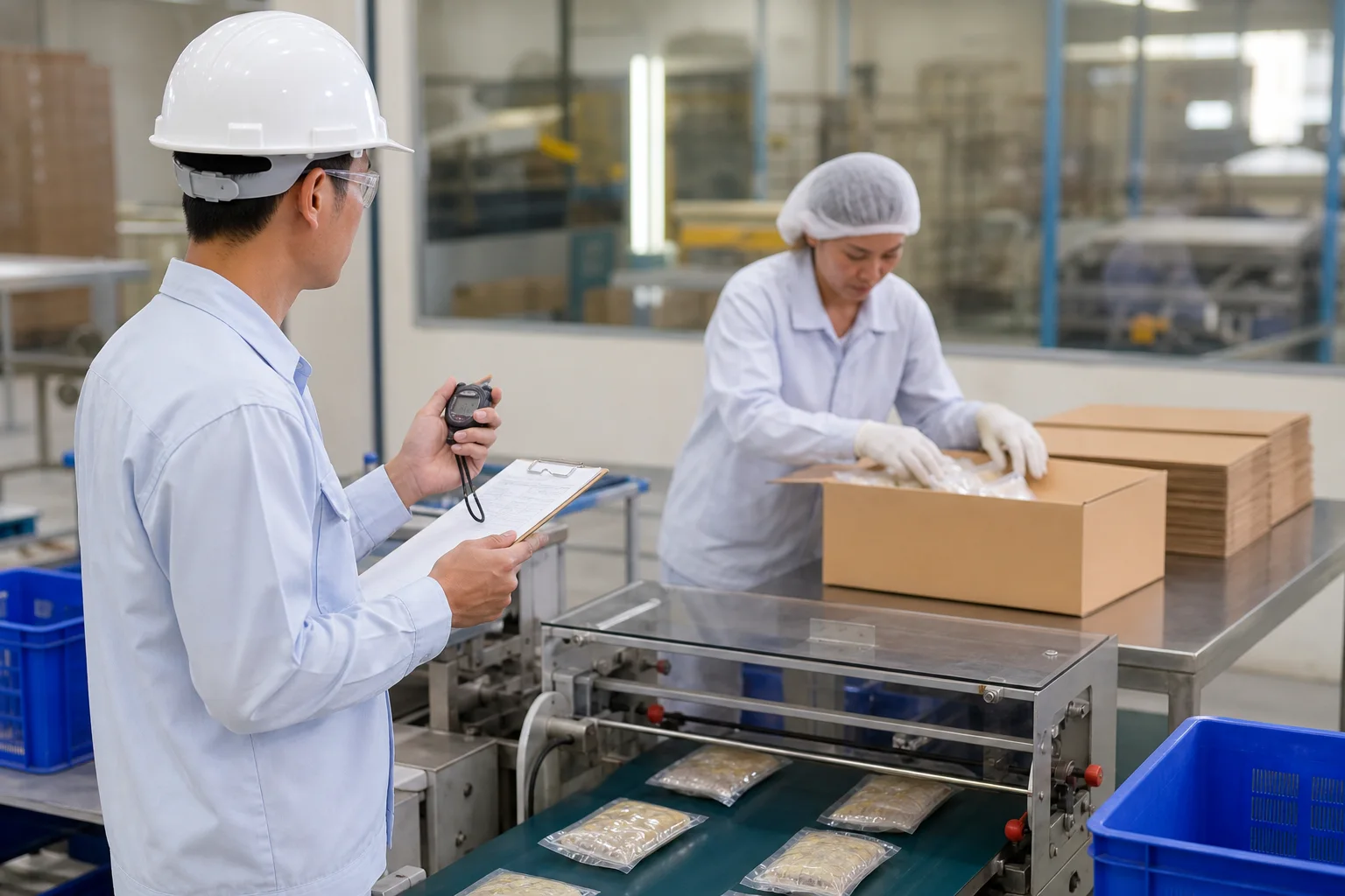 Engineer measuring manual packing cycle time for an accurate labor cost comparison