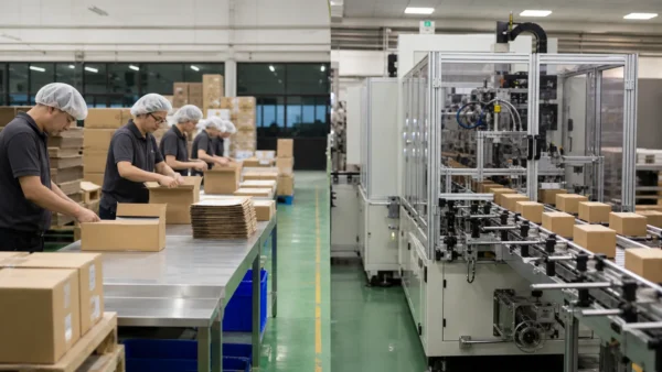 Manual packing workstations compared with automated packaging machinery in a factory