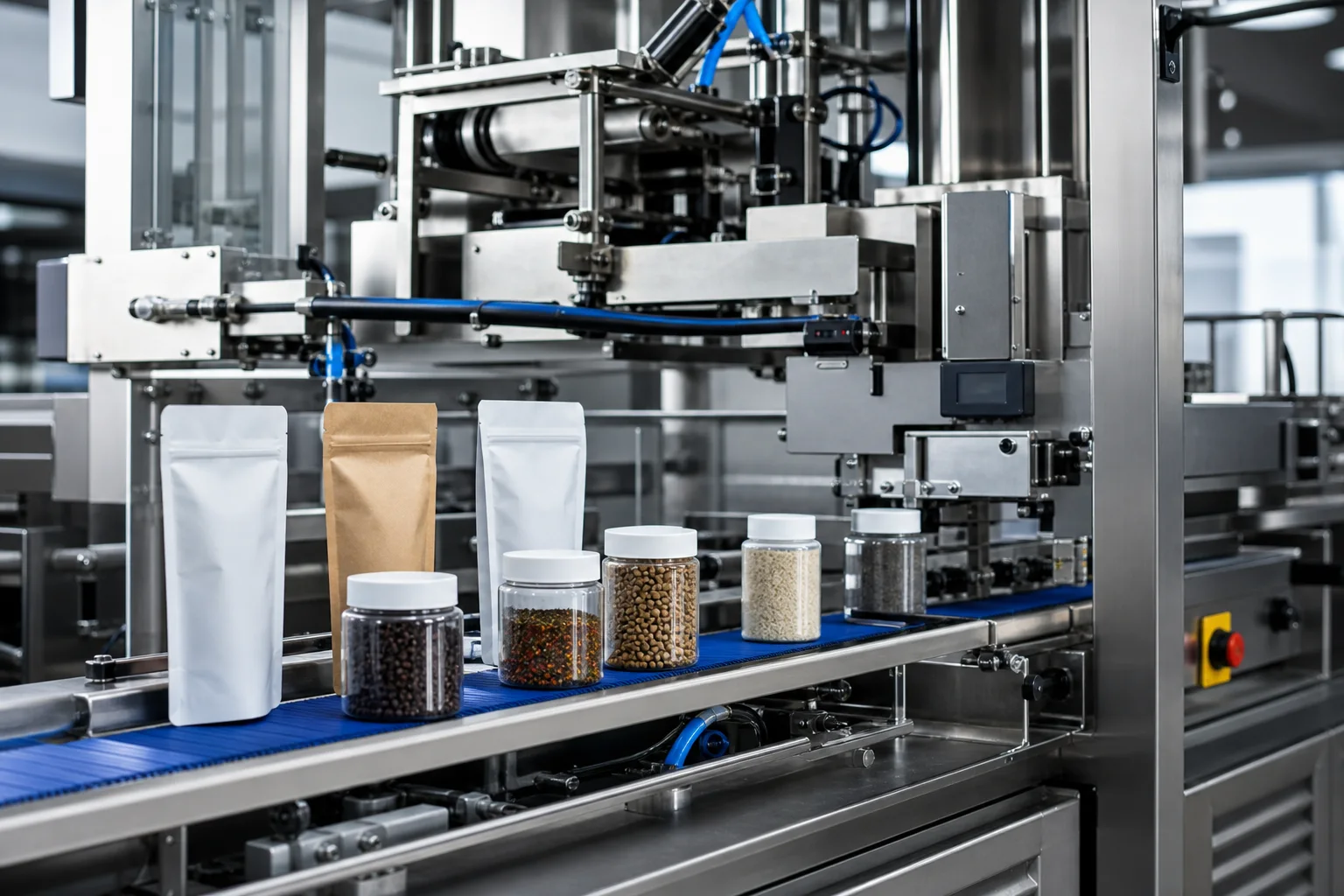 New product samples and packaging materials being tested on an automated packaging machine