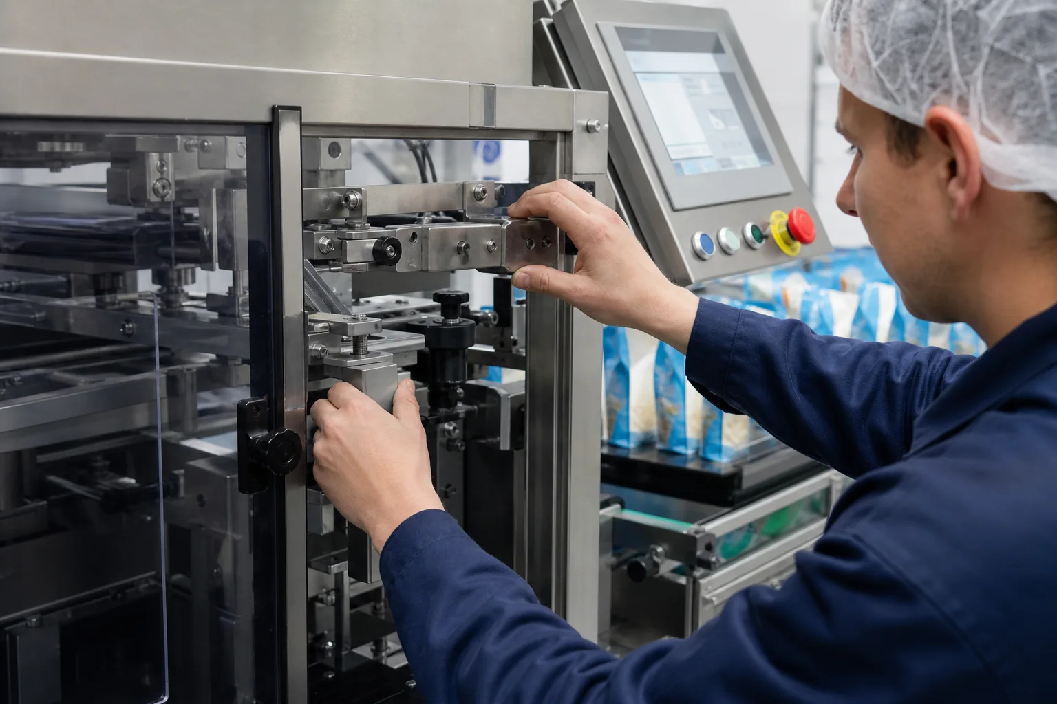 Operator adjusting packaging machine guides during a planned format change