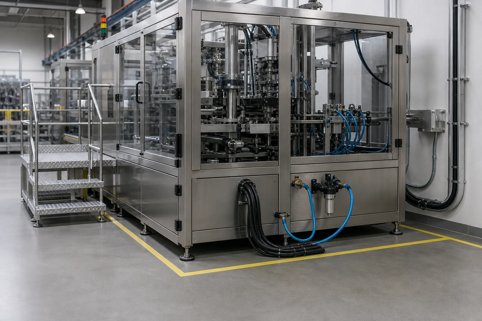 Packaging machine installation area with orderly utility connections and maintenance access