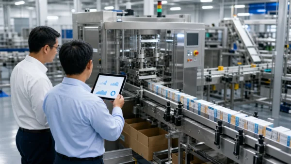 Manufacturing managers reviewing packaging machinery ROI beside an automated production line