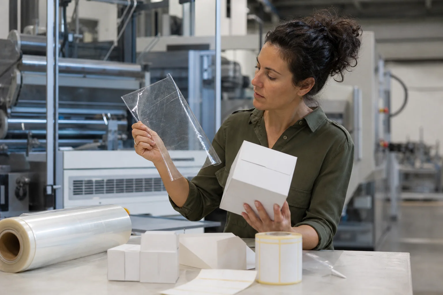 Packaging engineer comparing materials during machine performance testing