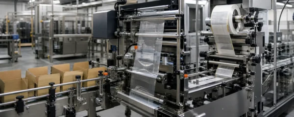 Packaging materials including cartons film and labels running through automated machinery