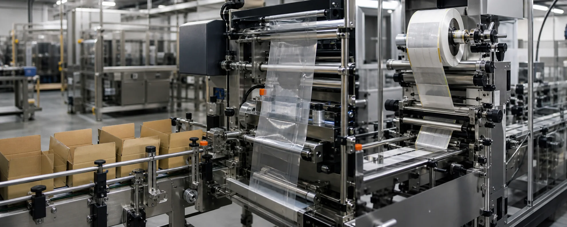 Packaging materials including cartons film and labels running through automated machinery