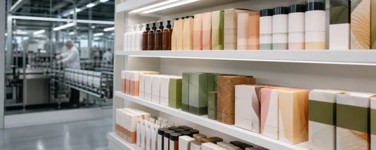 Consumer products in consistent retail packaging displayed on a modern store shelf