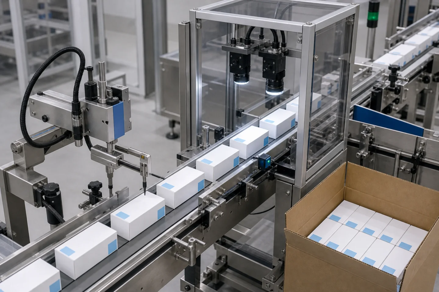 Pharmaceutical cartons passing coding and vision inspection before case packing