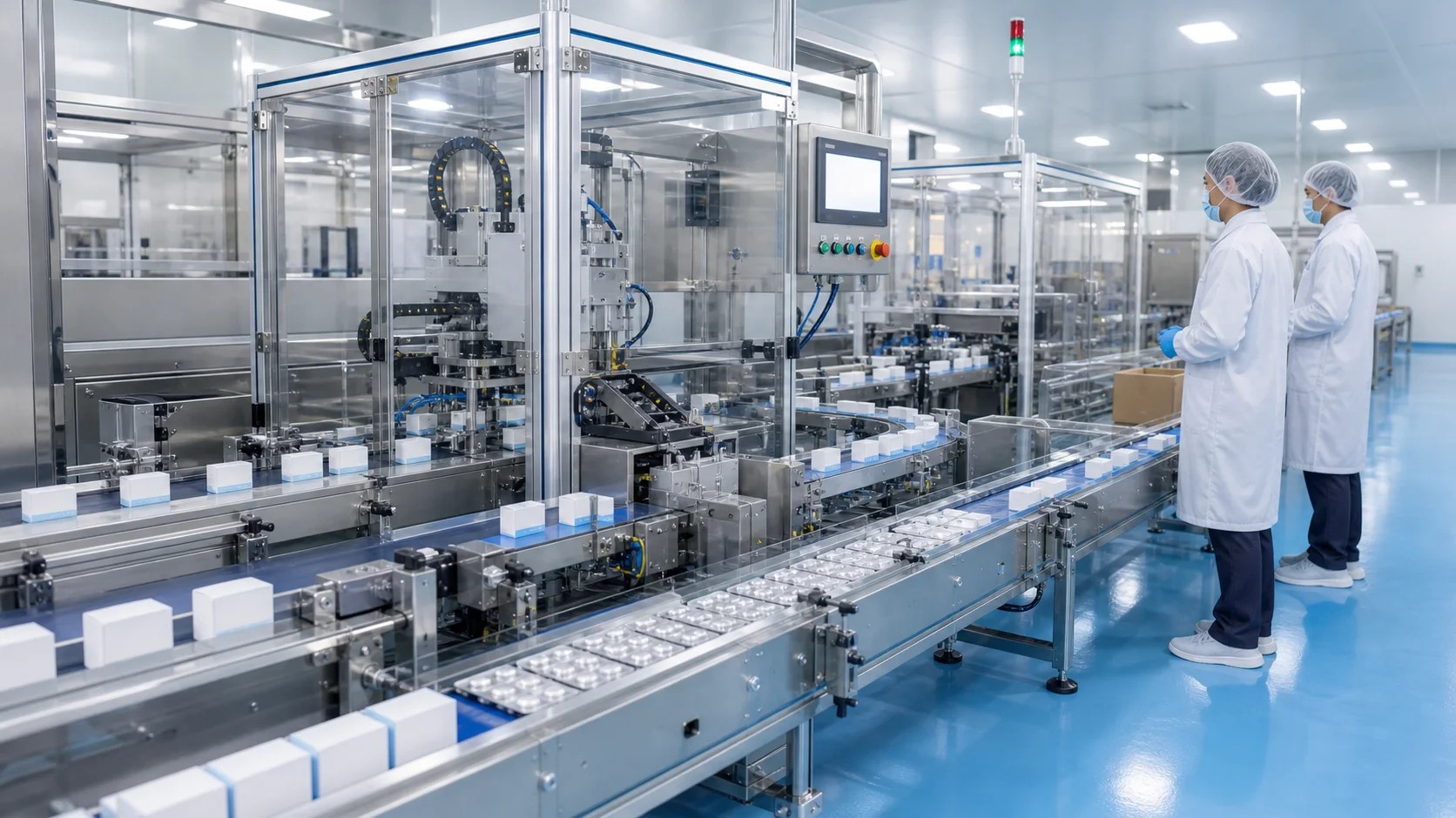 Pharmaceutical packaging machinery with blister packs and medicine cartons in a controlled facility