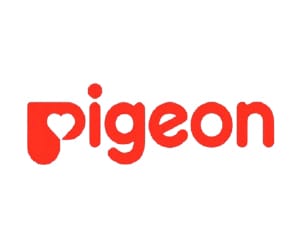 โลโก้ระบบบรรจุภัณฑ์ Pigeon โดยมีรูปหัวใจอยู่ตรง "P"