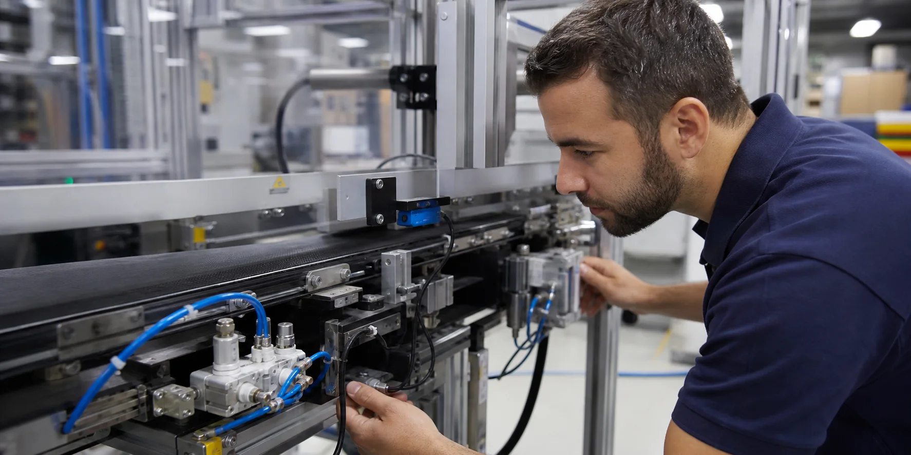 Technician inspecting packaging machine belts sensors and pneumatic components