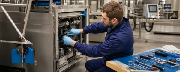 Maintenance technician carrying out planned preventive maintenance on a packaging machine