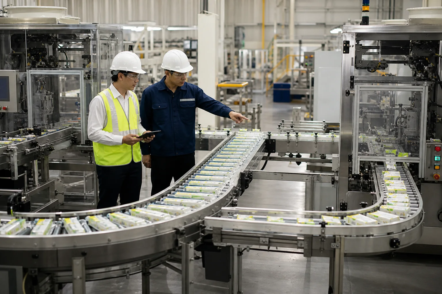 Engineers reviewing conveyor accumulation and line balancing to increase production capacity