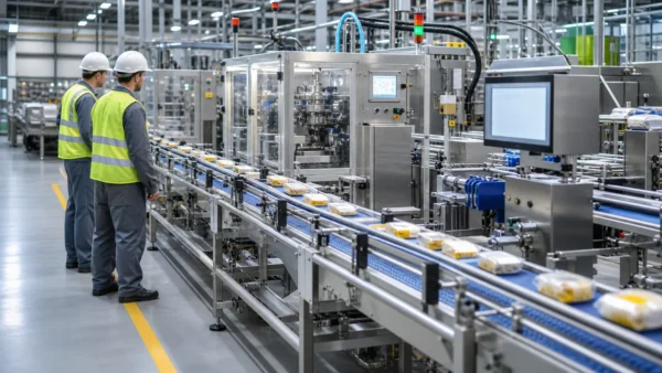 Integrated production line optimization with synchronized packaging machinery and conveyors