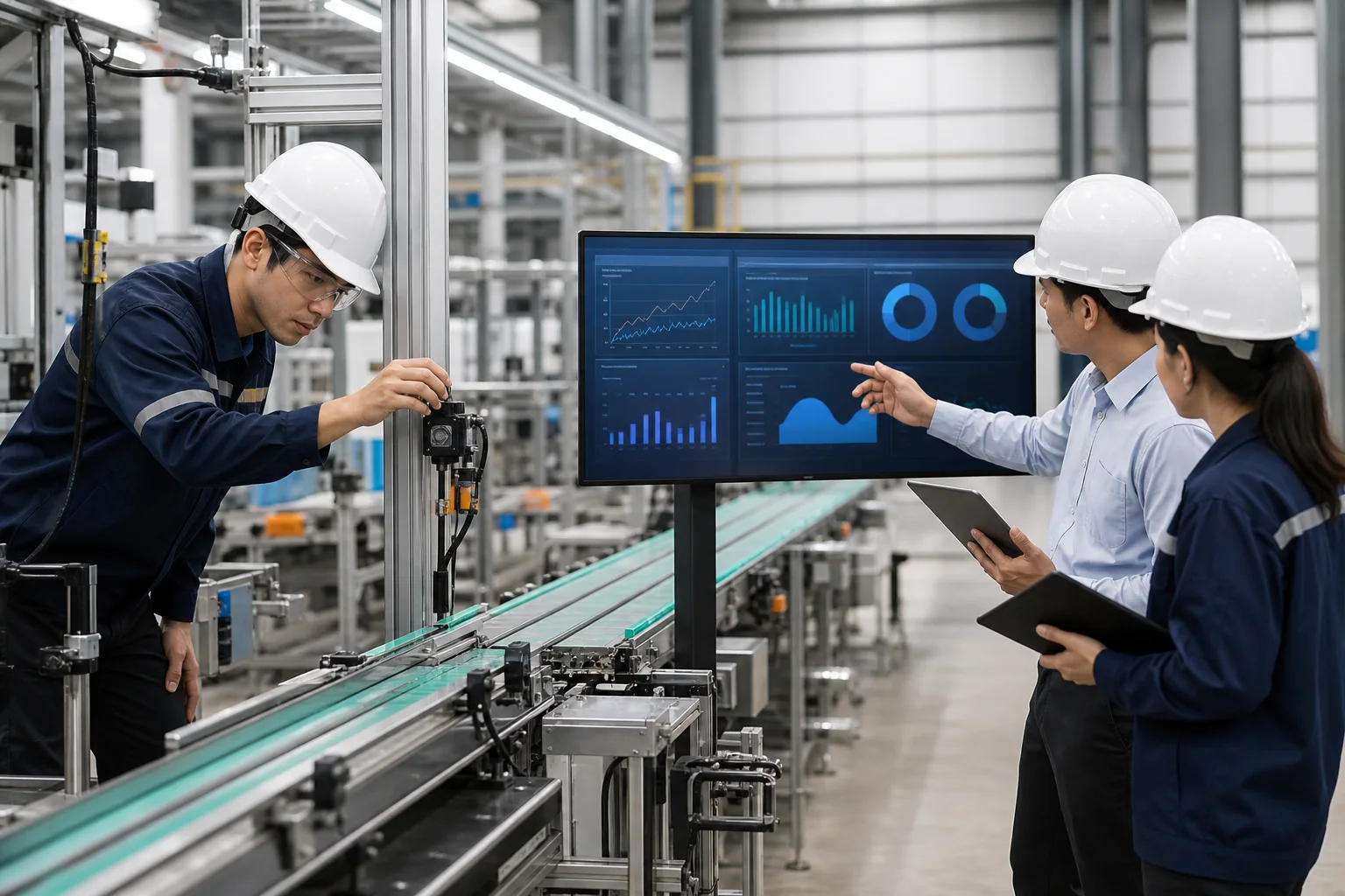 Manufacturing team reviewing sensors and performance data during production line optimization