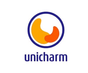 ระบบบรรจุภัณฑ์ โลโก้ Unicharm: วงกลมสีน้ำเงินที่มีรูปทรงนามธรรมสีส้มและสีเหลืองอยู่ข้างใน.