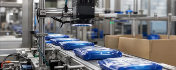 Vision inspection camera checking consumer packs on a high-speed packaging line