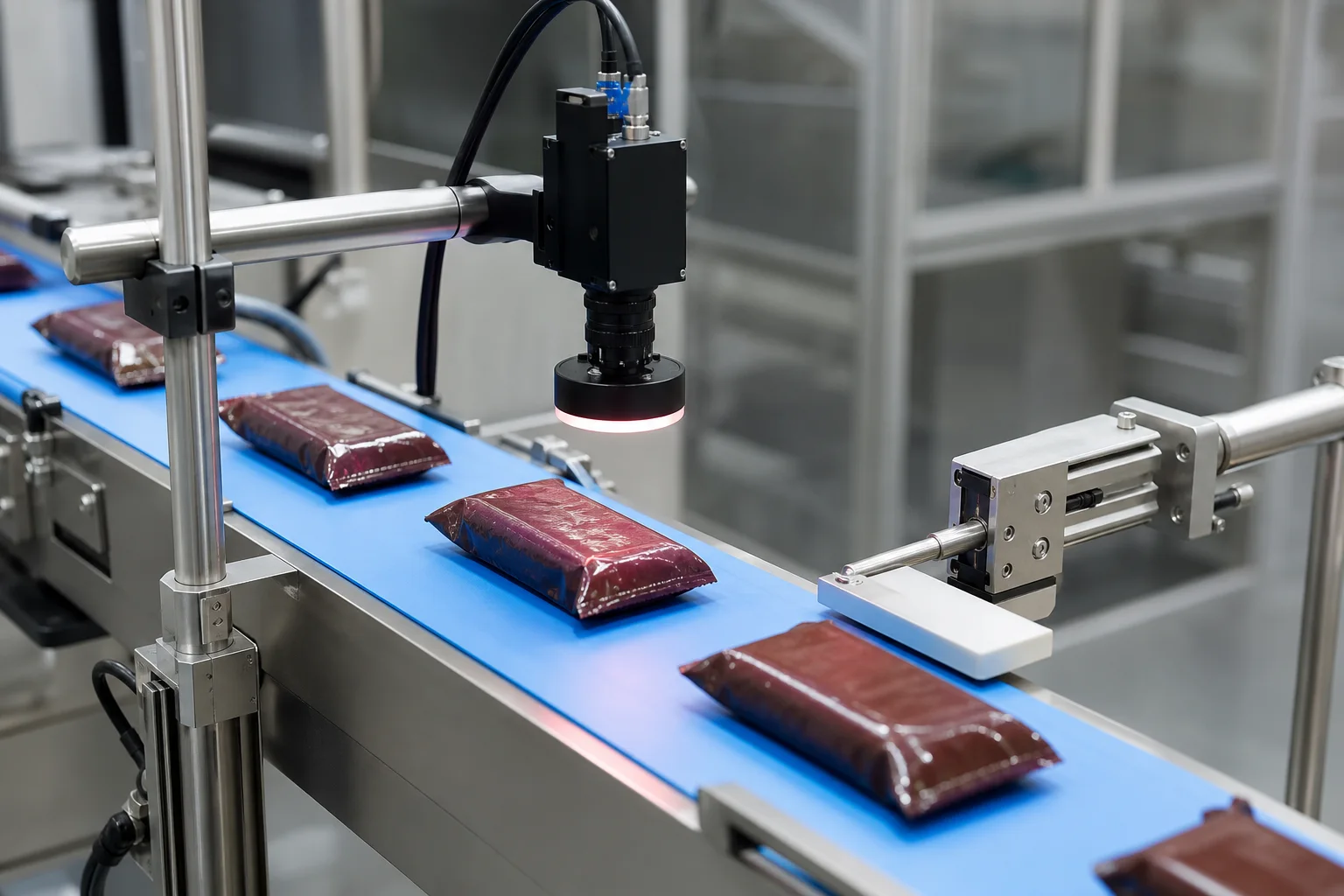 Machine vision inspection camera and reject system verifying package presentation on a conveyor
